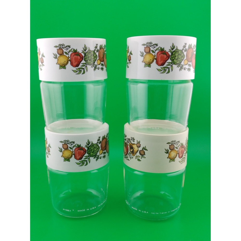 4 VTG Pyrex Spice of Life Glass Canister Stack N' See Jar Lid Veggies MCM